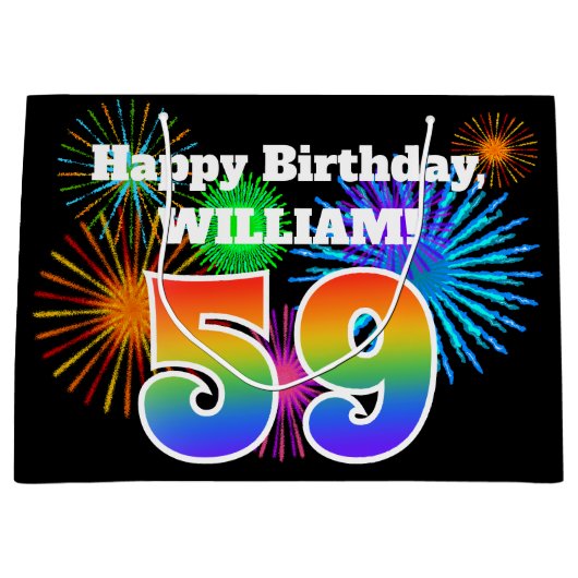 おもしろい花火+レインボーパターン「59」誕生日番号 ラージペーパーバッグ (正面)