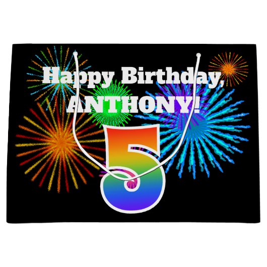 おもしろい花火+レインボーパターン「5」誕生日番号 ラージペーパーバッグ (正面)