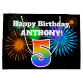 おもしろい花火+レインボーパターン「5」誕生日番号 ラージペーパーバッグ (裏面)