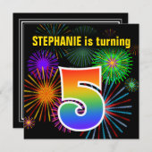 おもしろい花火+レインボーパターン「5」誕生日番号 招待状 (正面/裏面)