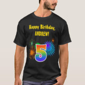 おもしろい花火+レインボーパターン「5」誕生日番号 Tシャツ (正面)