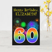 おもしろい花火+レインボーパターン「60」誕生日番号 カード (黄色い花)