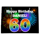 おもしろい花火+レインボーパターン「60」誕生日番号 ラージペーパーバッグ (正面)