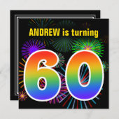 おもしろい花火+レインボーパターン「60」誕生日番号 招待状 (正面/裏面)