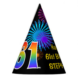 おもしろい花火+レインボーパターン「61」誕生日番号 パーティーハット