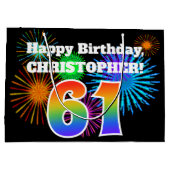 おもしろい花火+レインボーパターン「61」誕生日番号 ラージペーパーバッグ (裏面)