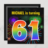 おもしろい花火+レインボーパターン「61」誕生日番号 招待状 (正面/裏面)