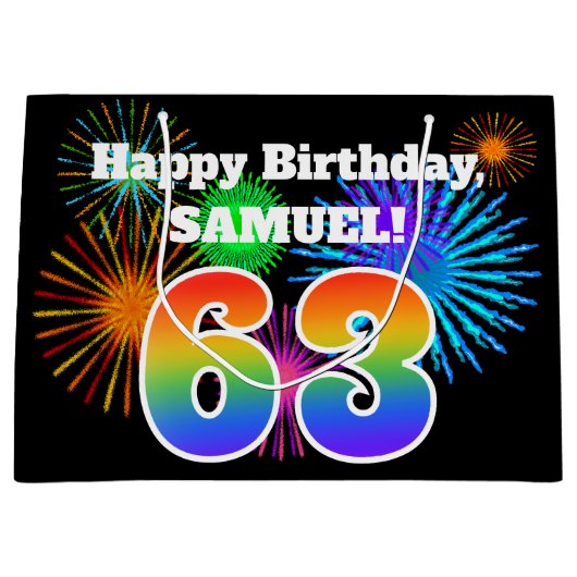 おもしろい花火+レインボーパターン「63」誕生日番号 ラージペーパーバッグ (正面)