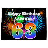 おもしろい花火+レインボーパターン「63」誕生日番号 ラージペーパーバッグ (裏面)