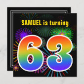 おもしろい花火+レインボーパターン「63」誕生日番号 招待状 (正面/裏面)