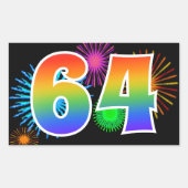 おもしろい花火+レインボーパターン"64"イベント番号 長方形シール (正面)