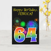 おもしろい花火+レインボーパターン「64」誕生日番号 カード (黄色い花)
