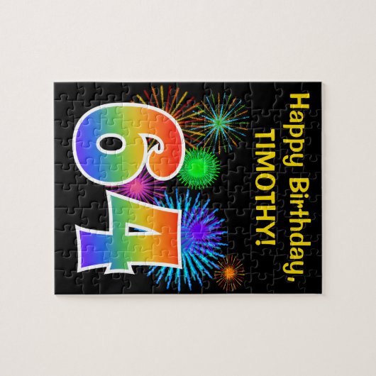 おもしろい花火+レインボーパターン「64」誕生日番号 ジグソーパズル (横)