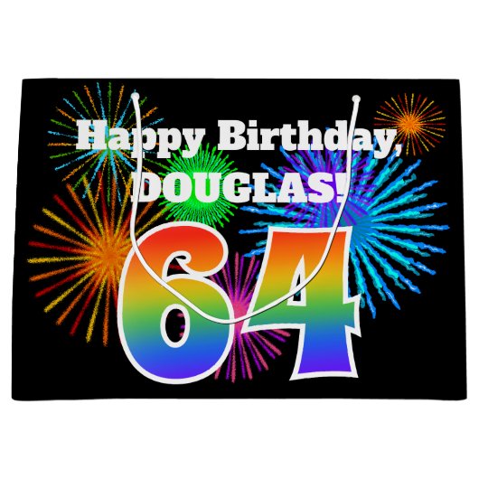 おもしろい花火+レインボーパターン「64」誕生日番号 ラージペーパーバッグ (正面)