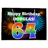 おもしろい花火+レインボーパターン「64」誕生日番号 ラージペーパーバッグ (裏面)