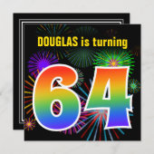 おもしろい花火+レインボーパターン「64」誕生日番号 招待状 (正面/裏面)