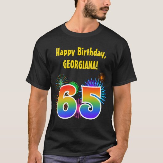 おもしろい花火+レインボーパターン「65」誕生日番号 Tシャツ (正面)
