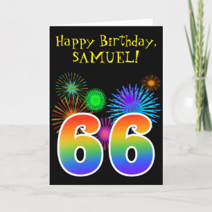 おもしろい花火+レインボーパターン「66」誕生日番号 カード