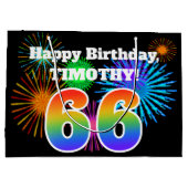 おもしろい花火+レインボーパターン「66」誕生日番号 ラージペーパーバッグ (裏面)