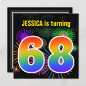 おもしろい花火+レインボーパターン「68」誕生日番号 招待状 (正面/裏面)