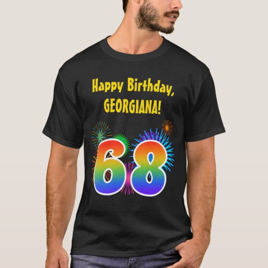 おもしろい花火+レインボーパターン「68」誕生日番号 Tシャツ (正面)