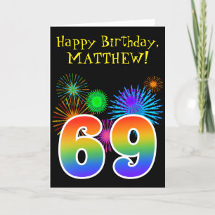 おもしろい花火+レインボーパターン「69」誕生日番号 カード