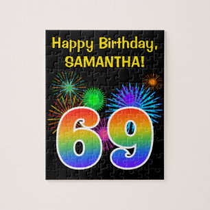 おもしろい花火+レインボーパターン「69」誕生日番号 ジグソーパズル