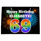 おもしろい花火+レインボーパターン「69」誕生日番号 ラージペーパーバッグ (正面)