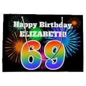 おもしろい花火+レインボーパターン「69」誕生日番号 ラージペーパーバッグ (裏面)