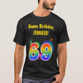 おもしろい花火+レインボーパターン「69」誕生日番号 Tシャツ