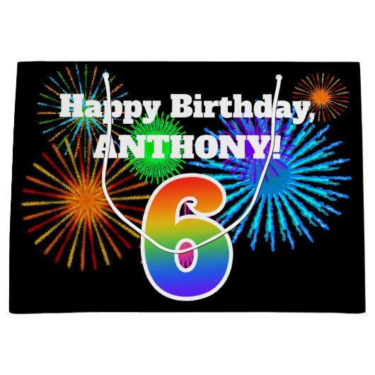 おもしろい花火+レインボーパターン「6」誕生日番号 ラージペーパーバッグ (正面)