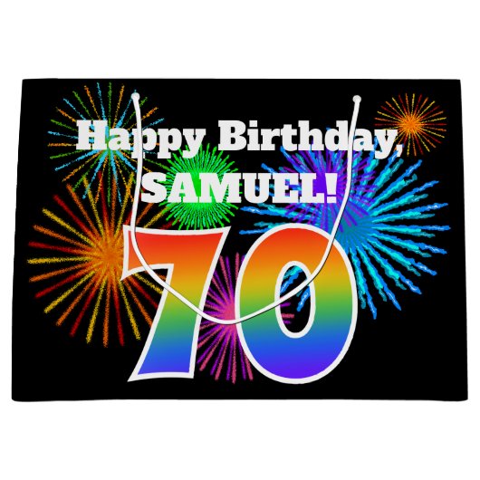 おもしろい花火+レインボーパターン「70」誕生日番号 ラージペーパーバッグ (正面)