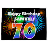 おもしろい花火+レインボーパターン「70」誕生日番号 ラージペーパーバッグ (裏面)