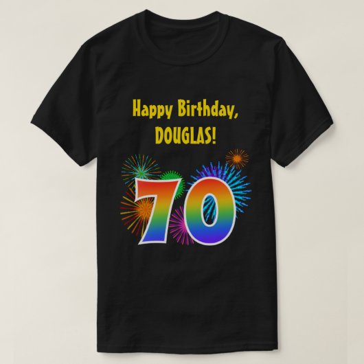 おもしろい花火+レインボーパターン「70」誕生日番号 Tシャツ (デザイン正面)