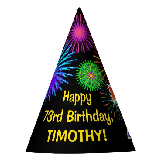 おもしろい花火+レインボーパターン「73」誕生日番号 パーティーハット (正面)