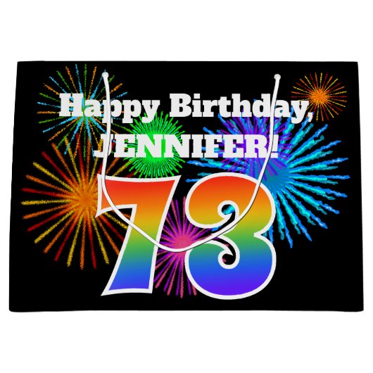 おもしろい花火+レインボーパターン「73」誕生日番号 ラージペーパーバッグ (正面)