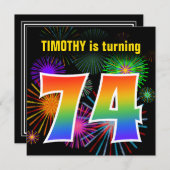 おもしろい花火+レインボーパターン「74」誕生日番号 招待状 (正面/裏面)