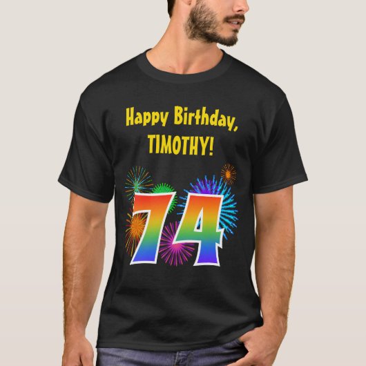 おもしろい花火+レインボーパターン「74」誕生日番号 Tシャツ (正面)