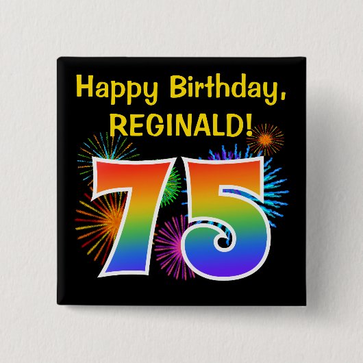 おもしろい花火+レインボーパターン「75」誕生日番号 缶バッジ (正面)