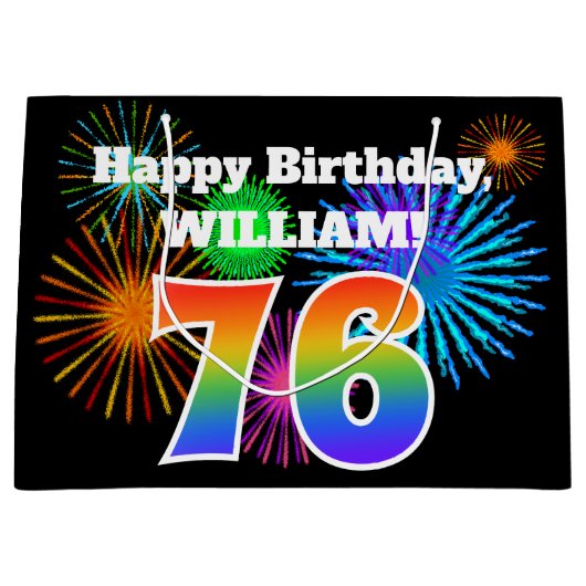 おもしろい花火+レインボーパターン「76」誕生日番号 ラージペーパーバッグ (正面)