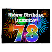 おもしろい花火+レインボーパターン「78」誕生日番号 ラージペーパーバッグ (裏面)