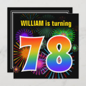 おもしろい花火+レインボーパターン「78」誕生日番号 招待状 (正面/裏面)