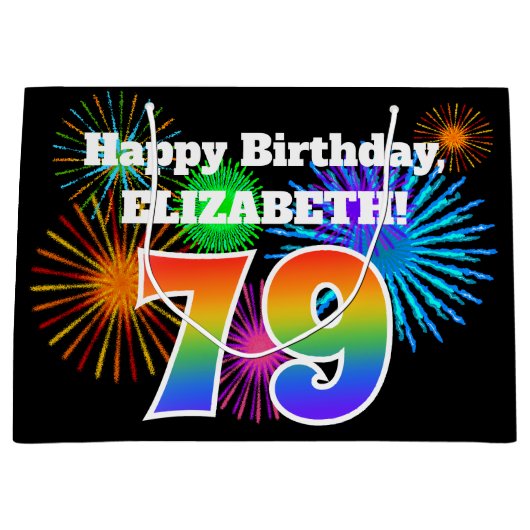 おもしろい花火+レインボーパターン「79」誕生日番号 ラージペーパーバッグ (正面)