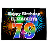 おもしろい花火+レインボーパターン「79」誕生日番号 ラージペーパーバッグ (裏面)