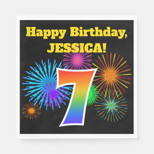 おもしろい花火+レインボーパターン「7」誕生日番号 スタンダードランチョンナプキン (正面)