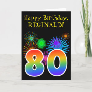 おもしろい花火+レインボーパターン「80」誕生日番号 カード