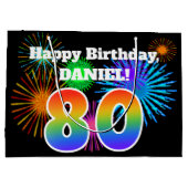 おもしろい花火+レインボーパターン「80」誕生日番号 ラージペーパーバッグ (裏面)