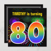 おもしろい花火+レインボーパターン「80」誕生日番号 招待状 (正面/裏面)