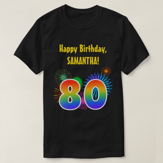 おもしろい花火+レインボーパターン「80」誕生日番号 Tシャツ (デザイン正面)
