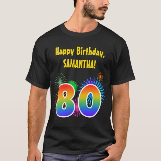 おもしろい花火+レインボーパターン「80」誕生日番号 Tシャツ (正面)